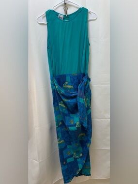 Gigi by Gillian 100% Silk Sleeveless Teal & Blue Printed Maxi Dress